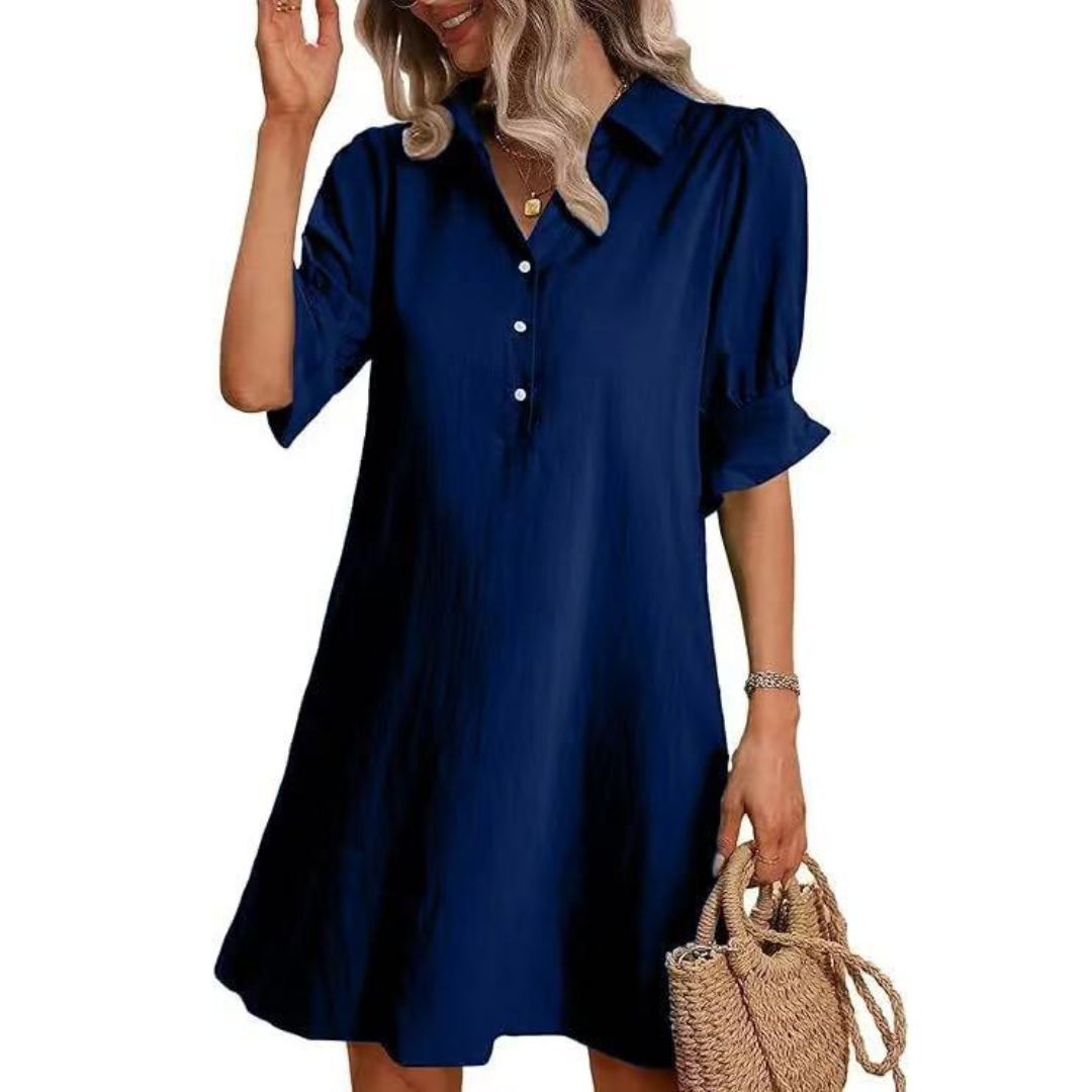 Collared Button Placket Ruffle Sleeve Loose Shift Mini Dress