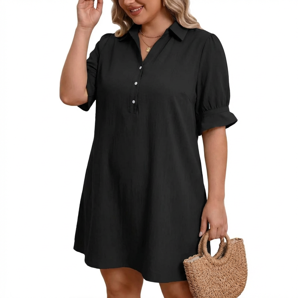 Collared Button Placket Ruffle Sleeve Swing Mini Shirt Dress