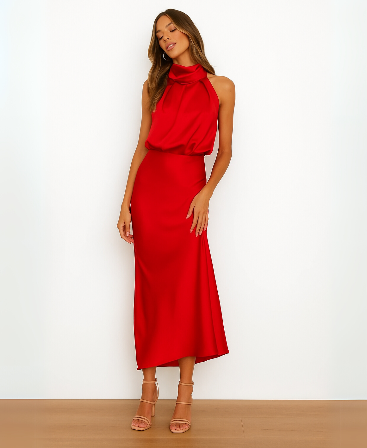 Halter Neck Draped Satin Sleeveless A-Line Maxi Dress 18
