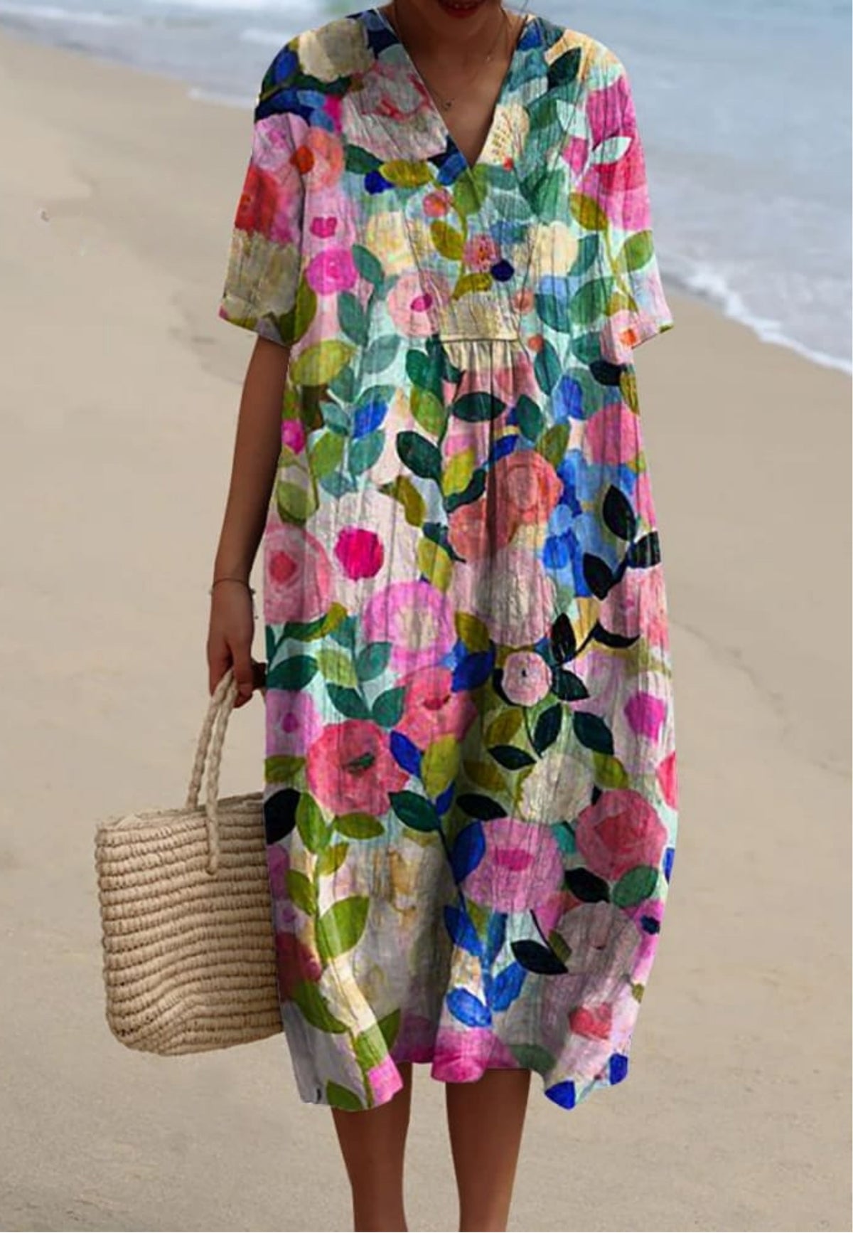 V-Neck Watercolor Floral Print Short Sleeve Flowy Midi Dress