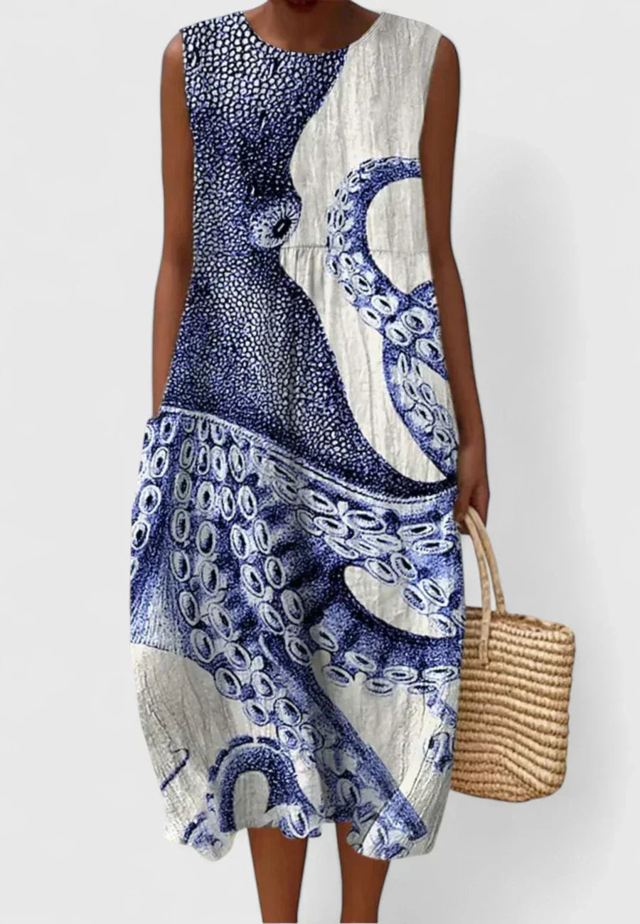 Ocean Blue Round Neck Octopus Print Sleeveless Shift Midi Dress