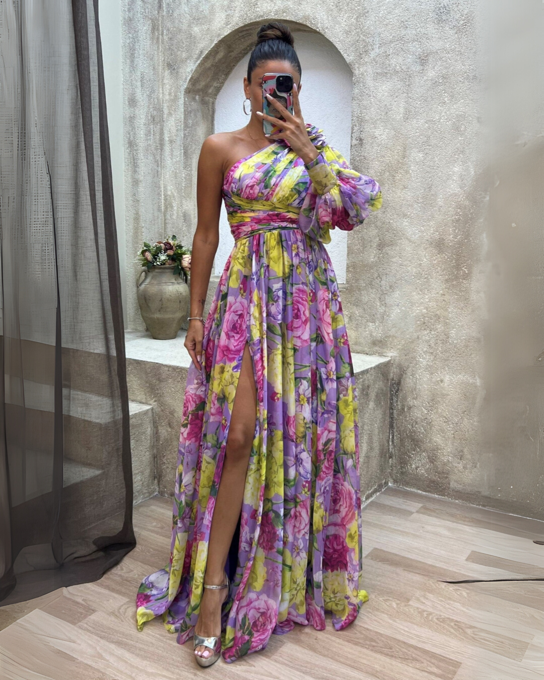 One-Shoulder Floral Chiffon High Slit Flowy Maxi Gown 2