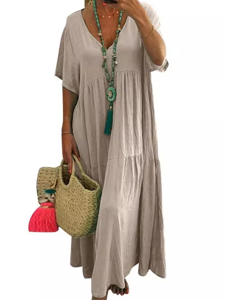 V-Neck Short Sleeve Tiered A-Line Flowy Maxi Dress