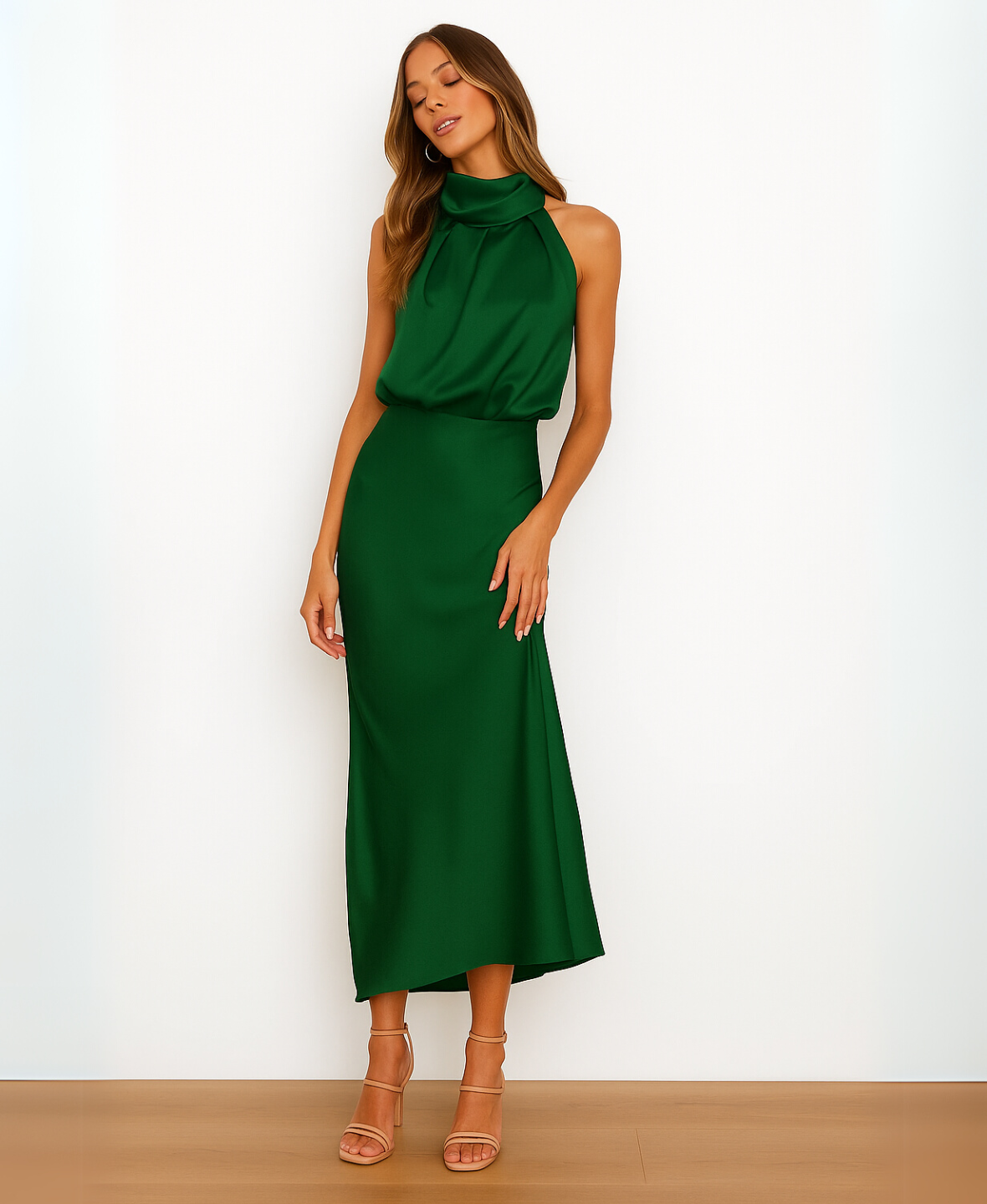 Halter Neck Draped Satin Sleeveless A-Line Maxi Dress 19