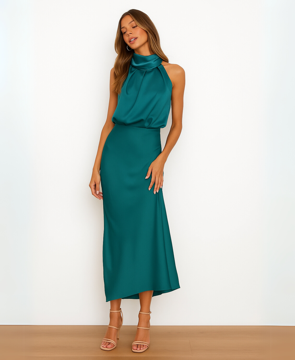 Halter Neck Draped Satin Sleeveless A-Line Maxi Dress 20