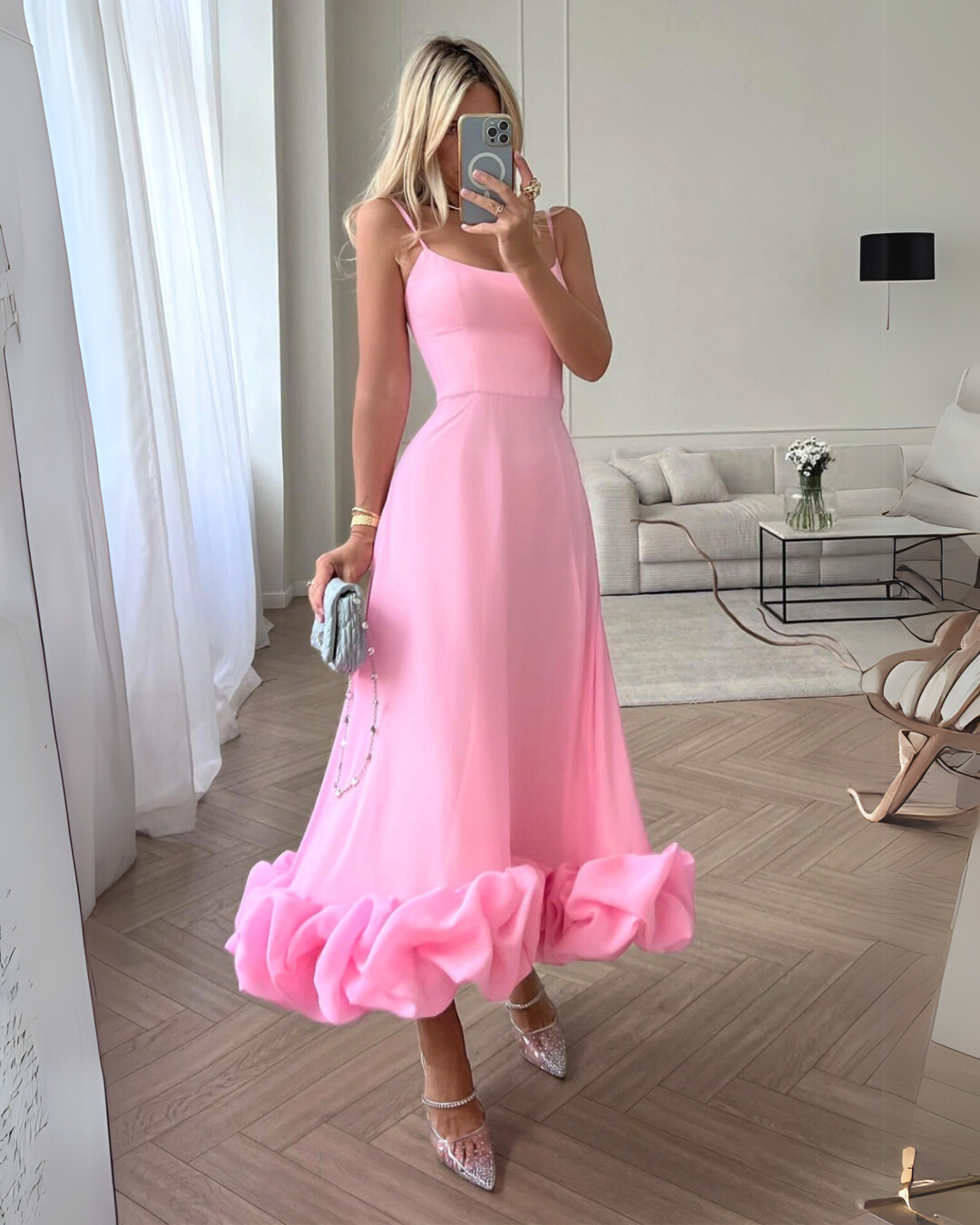 Square Neck Spaghetti Strap Ruffle Hem A-Line Midi Dress