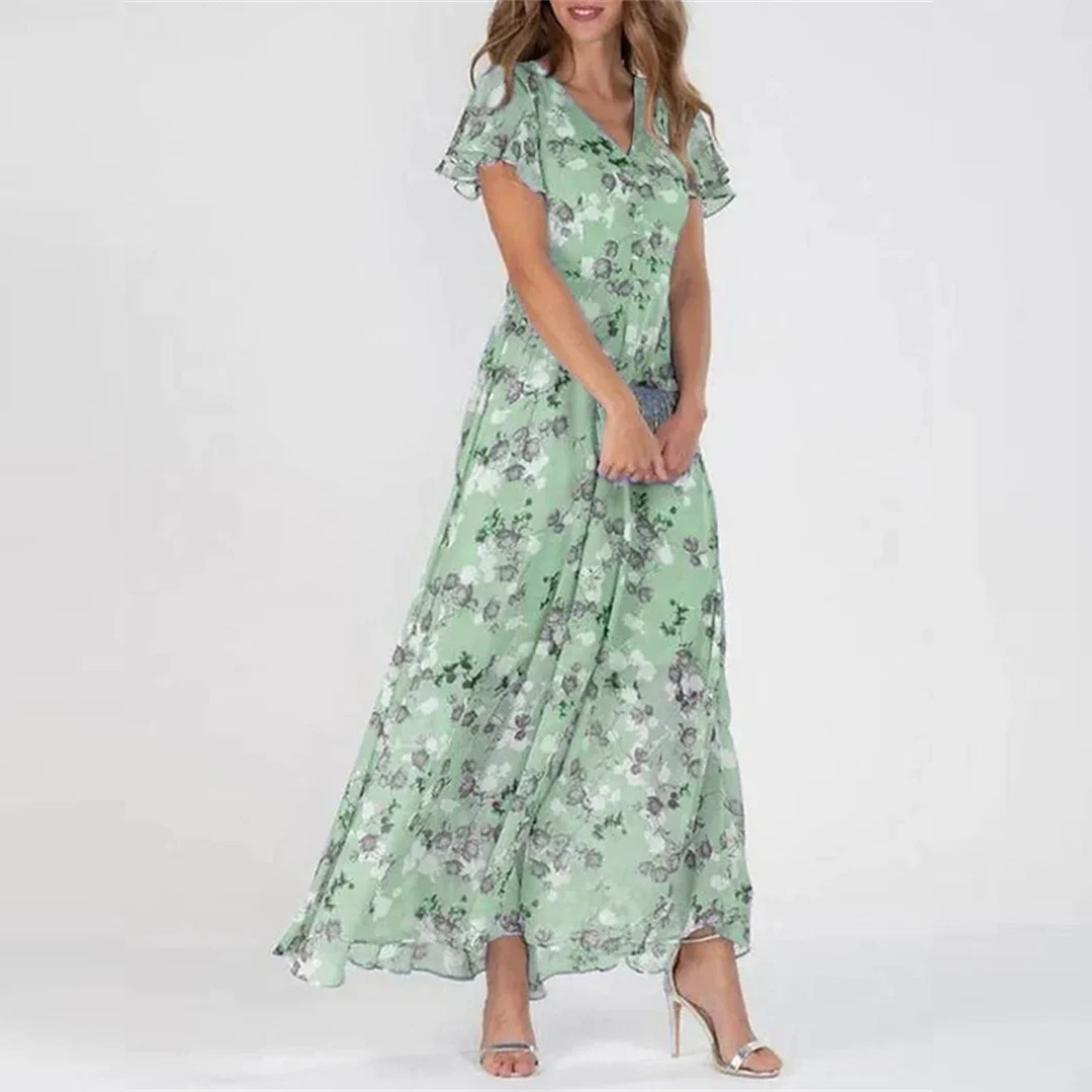 V-Neck Flutter Sleeve Floral Chiffon A-Line Flowy Maxi Dress
