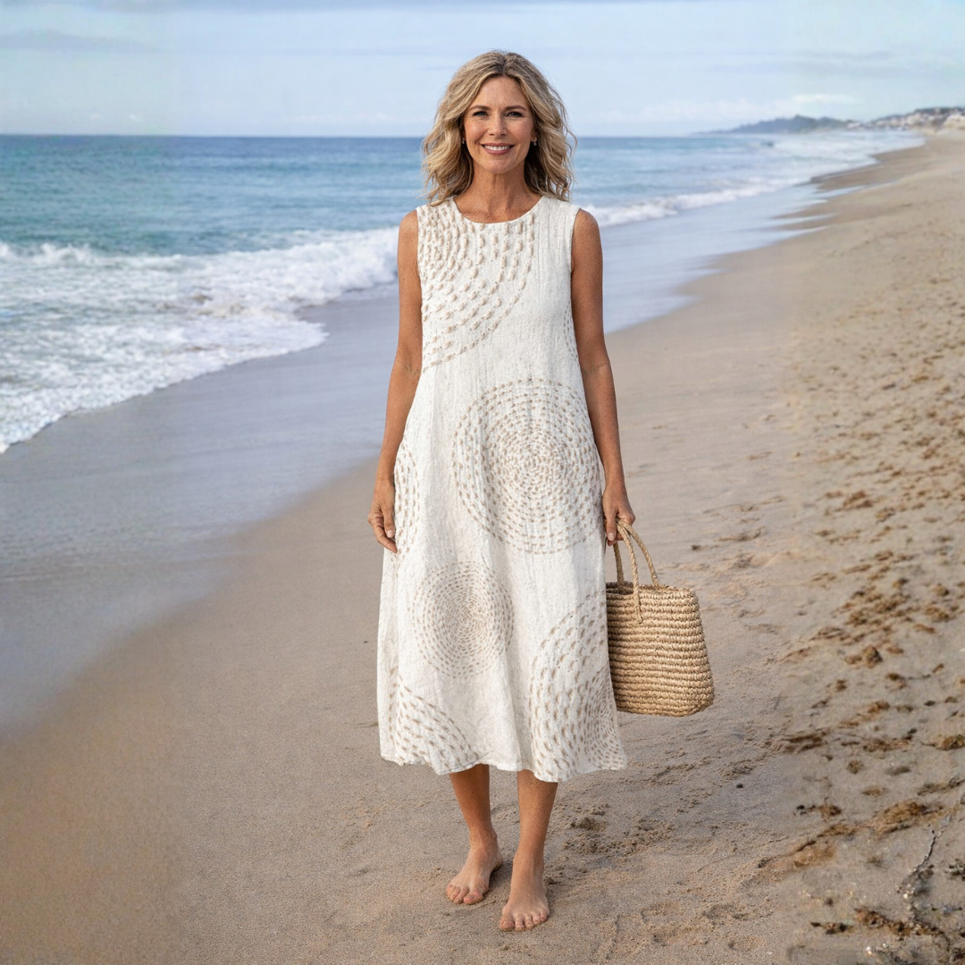Crew Neck Textured Circle Medallion Pocket Cocoon Midi Dress 2