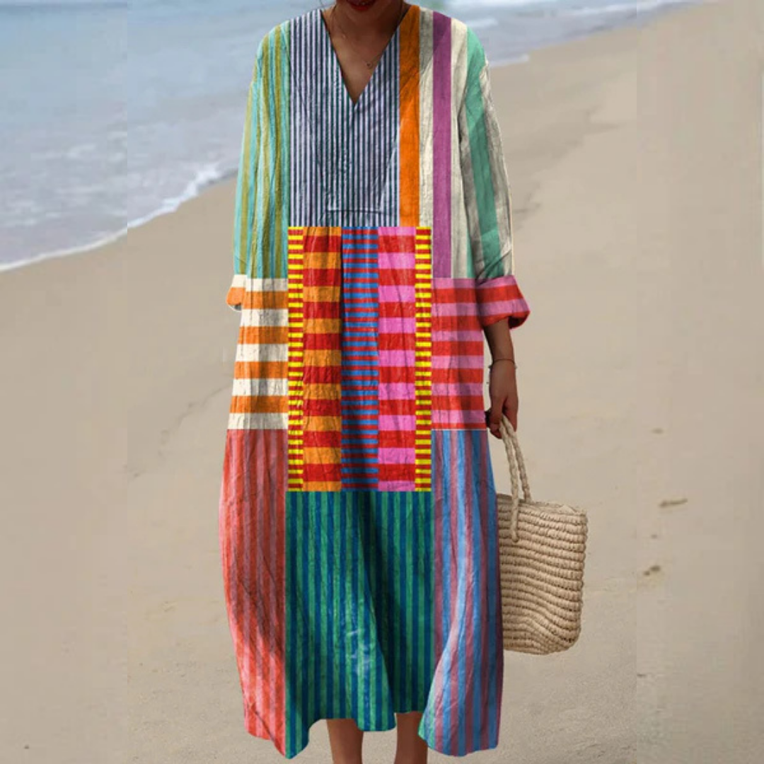 V-Neck Patchwork Striped Print Long Sleeve Loose Maxi Dress