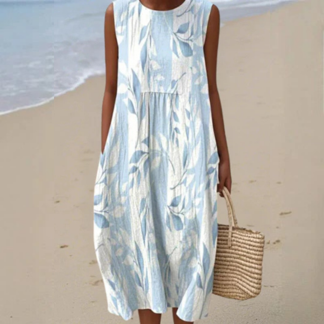 Multicolor Round Neck Leaf Print Sleeveless Pocket A-Line Midi Dress