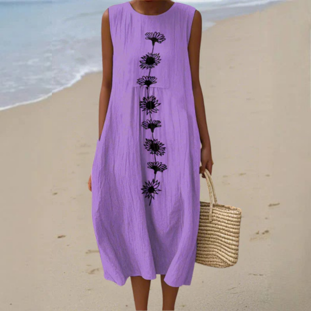 Multicolor Round Neck Daisy Print Sleeveless Pocket Cocoon Midi Dress
