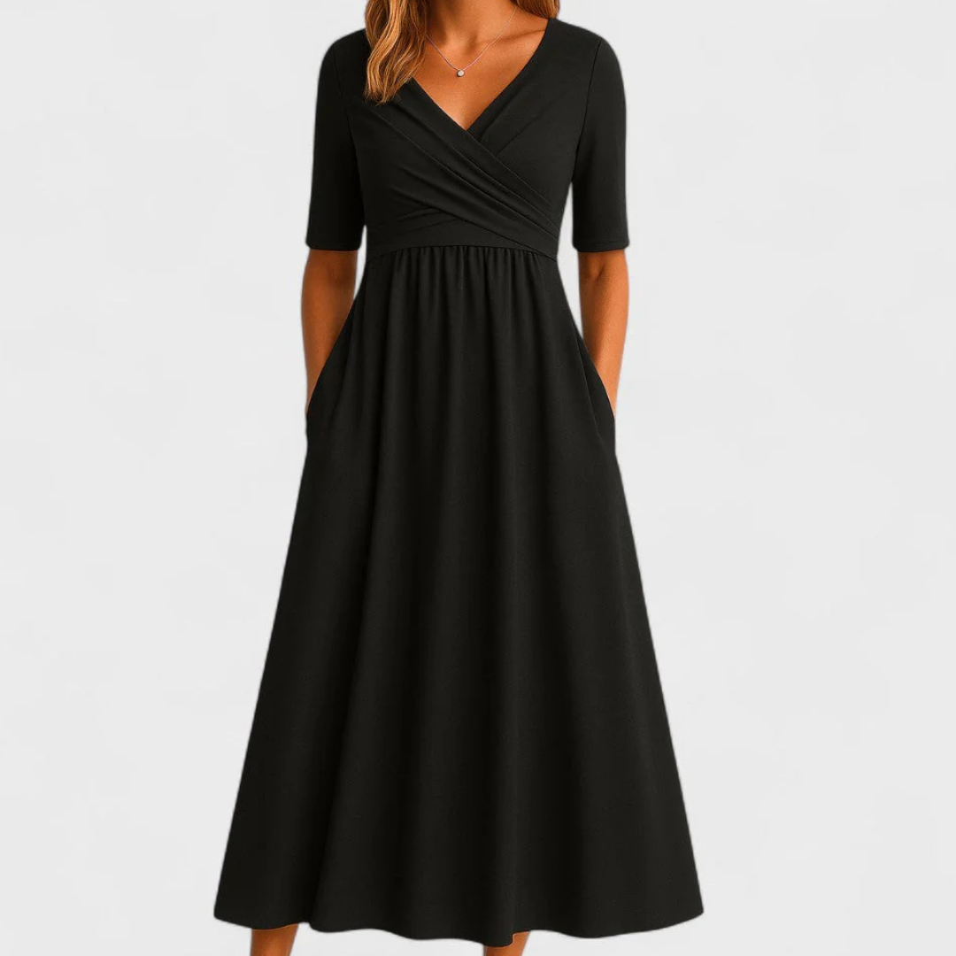 Short Sleeve Pocket Gathered Waist A-Line Midi Dress 4