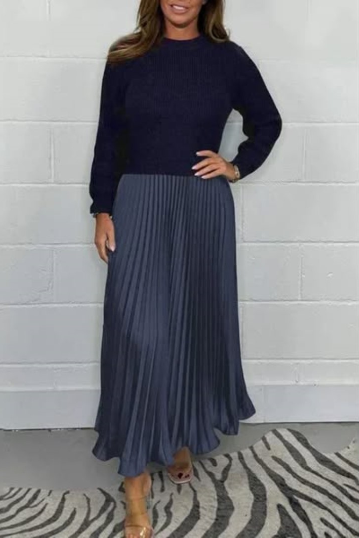 Ribbed Knit Sweater And Pleated Midi Skirt Set