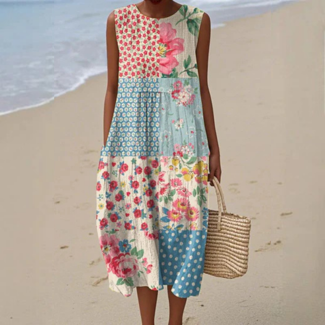 Multicolor Round Neck Patchwork Floral Sleeveless Tiered Midi Dress