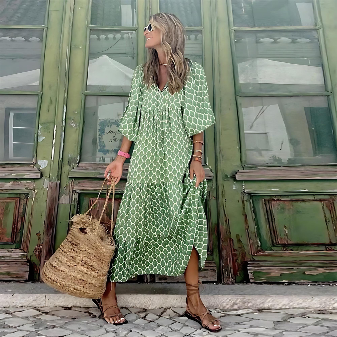 Tie Neck Long Sleeve Polka Dot Tiered A-Line Maxi Dress