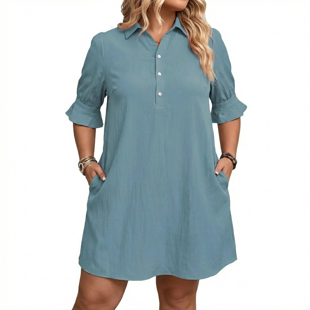 Collared Button Placket Ruffle Sleeve Swing Mini Shirt Dress