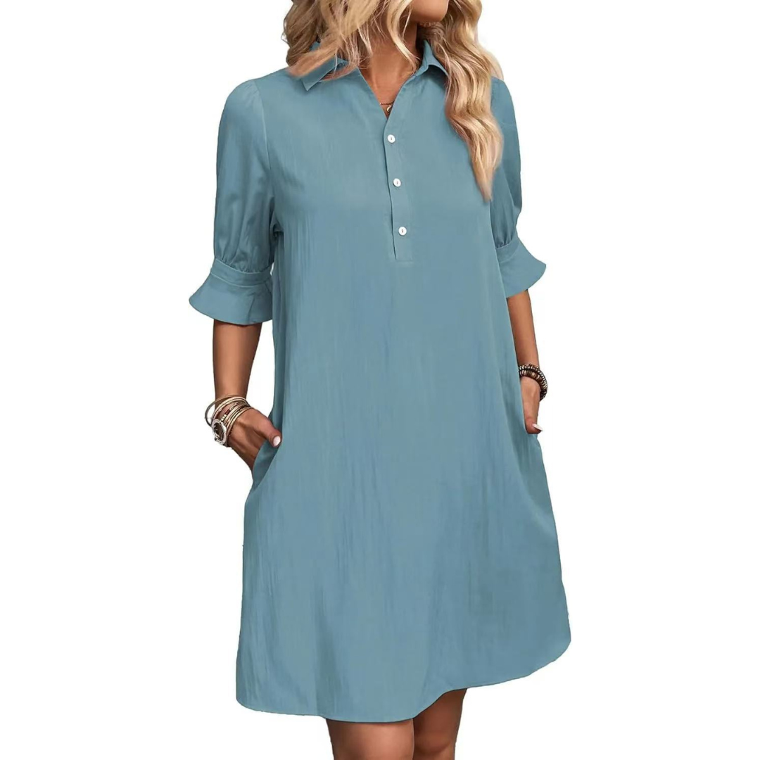 Collared Button Placket Ruffle Sleeve Loose Shift Mini Dress