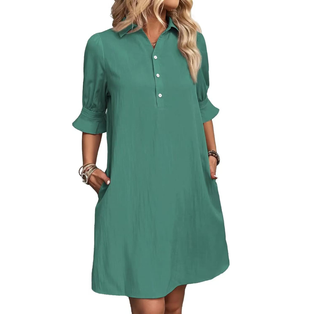 Collared Button Placket Ruffle Sleeve Loose Shift Mini Dress