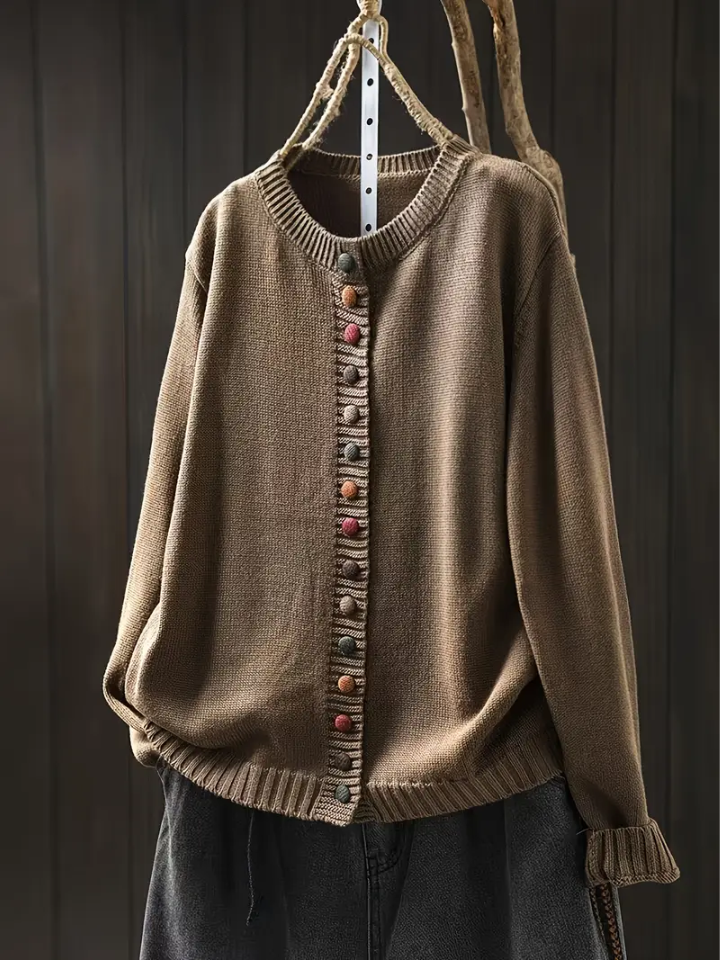 Knit Round Neck Multicolor Button Long Sleeve Cardigan 8