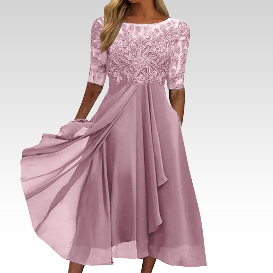 Illusion Neck Lace Applique Sequin Chiffon A-Line Midi Dress