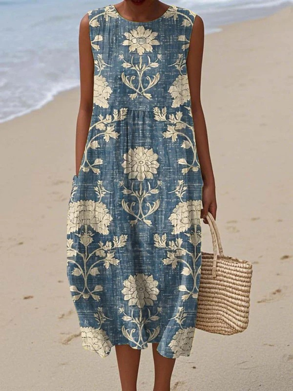 Multicolor Round Neck Sleeveless Floral Damask Print A-Line Midi Dress
