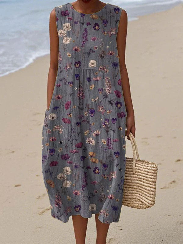 Multicolor Round Neck Floral Print Sleeveless Pocket Linen Midi Dress