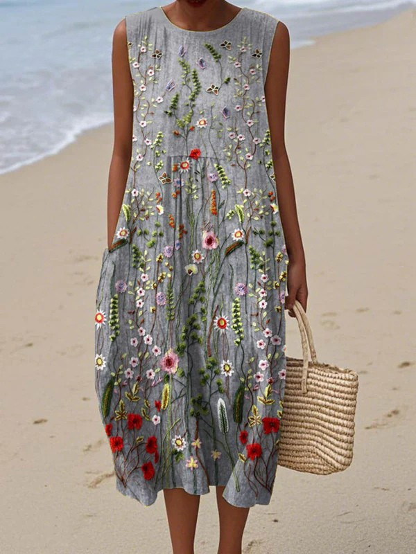 Multicolor Round Neck Sleeveless Wildflower Floral Print Pocket Shift Midi Dress