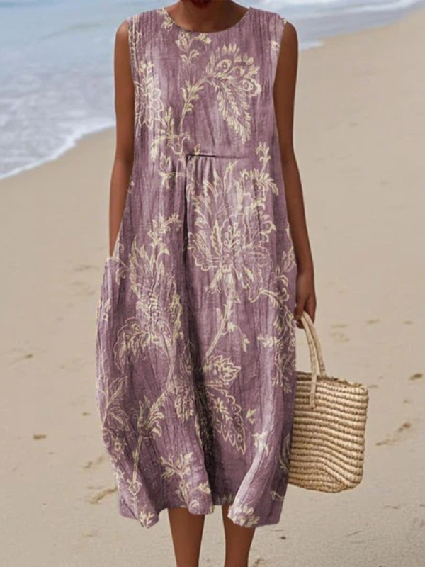 Multicolor Round Neck Damask Floral Print Sleeveless Cocoon Midi Dress