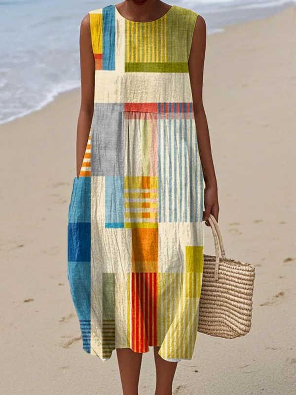 Multicolor Round Neck Geometric Color Block Print Sleeveless Shift Midi Dress