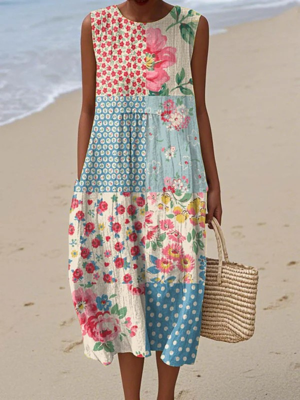 Multicolor Round Neck Floral Patchwork Print Sleeveless Tiered Midi Dress
