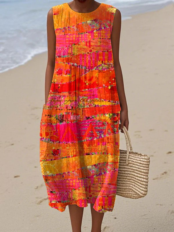 Multicolor Round Neck Sleeveless Abstract Print A-Line Midi Dress