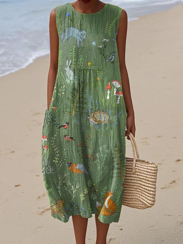 Round Neck Sleeveless Woodland Animal Print A-Line Midi Dress
