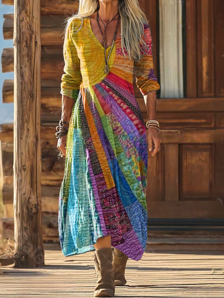 V-Neck Patchwork Print Long Sleeve Boho A-Line Maxi Dress