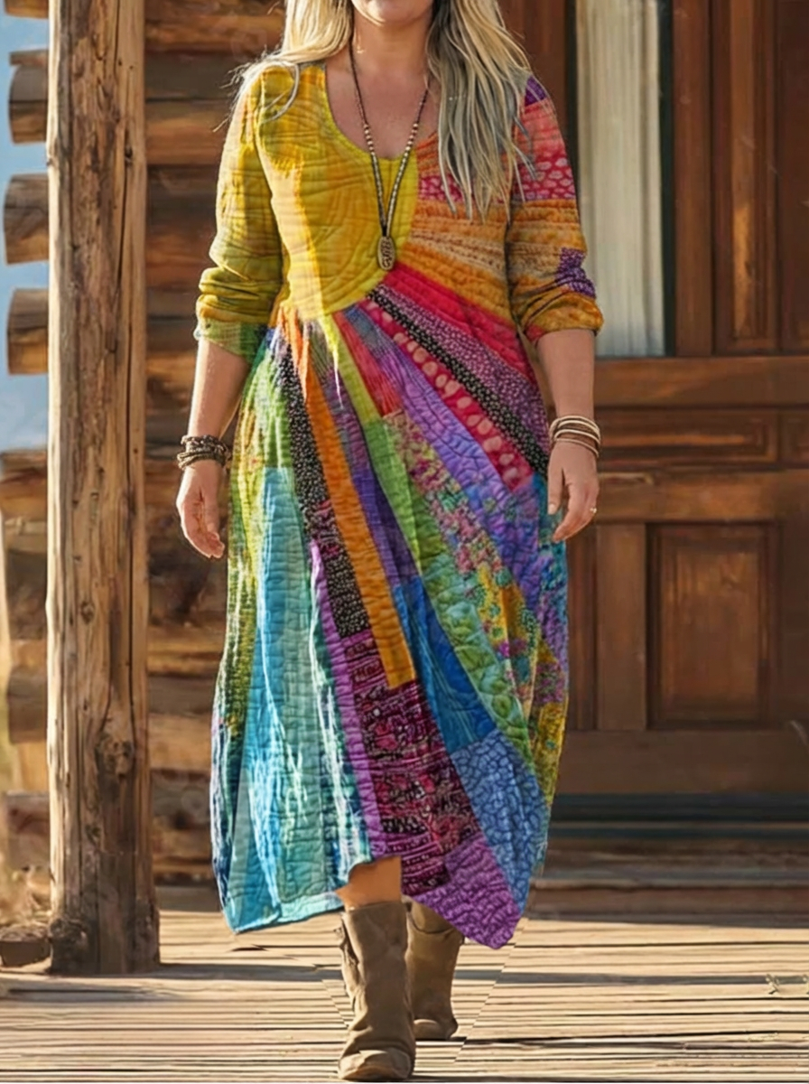 Round Neck Boho Patchwork Print Long Sleeve Flared Maxi Dress