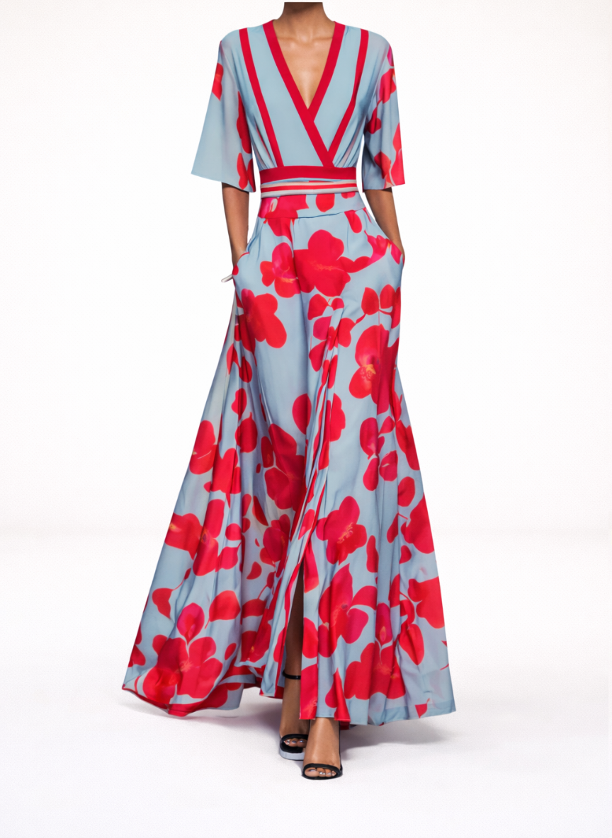 Plunge V-Neck Kimono Sleeve Floral Belted High Slit Maxi Dress