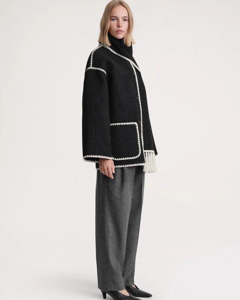 Contrast Stitch Scarf Collar Fringe Button-Front Wool Jacket