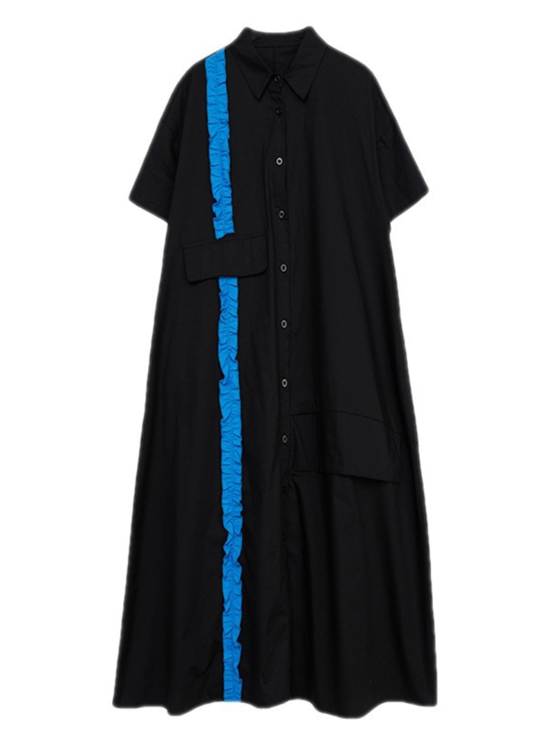 Black Collared Button-Up Ruffle Trim Short Sleeve Shirt Midi Dress 3