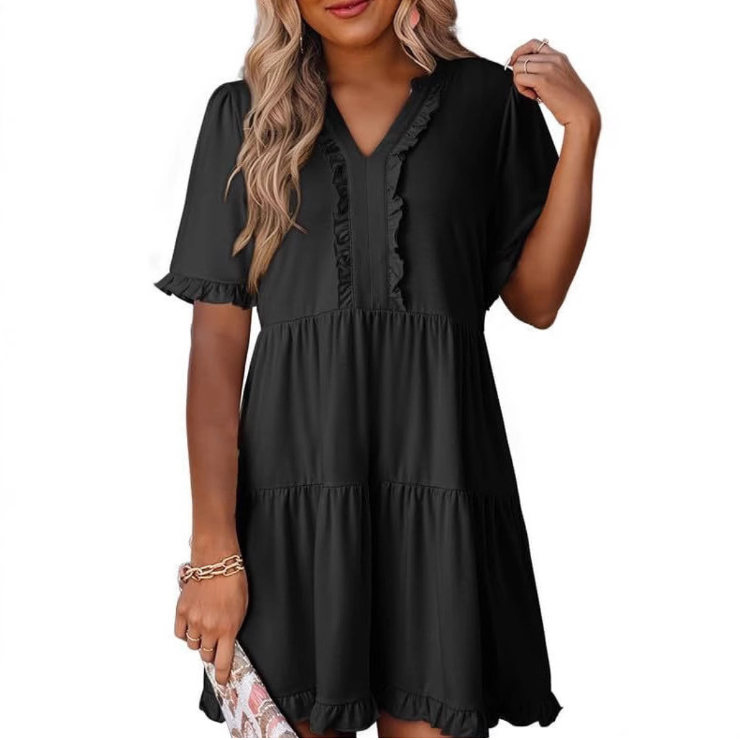 V-Neck Ruffle Trim Short Sleeve Tiered Babydoll Mini Dress