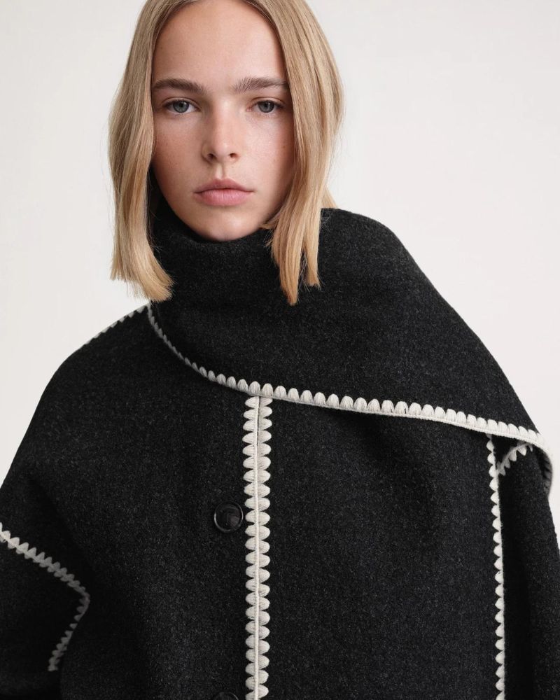 Contrast Stitch Scarf Collar Fringe Button-Front Wool Jacket