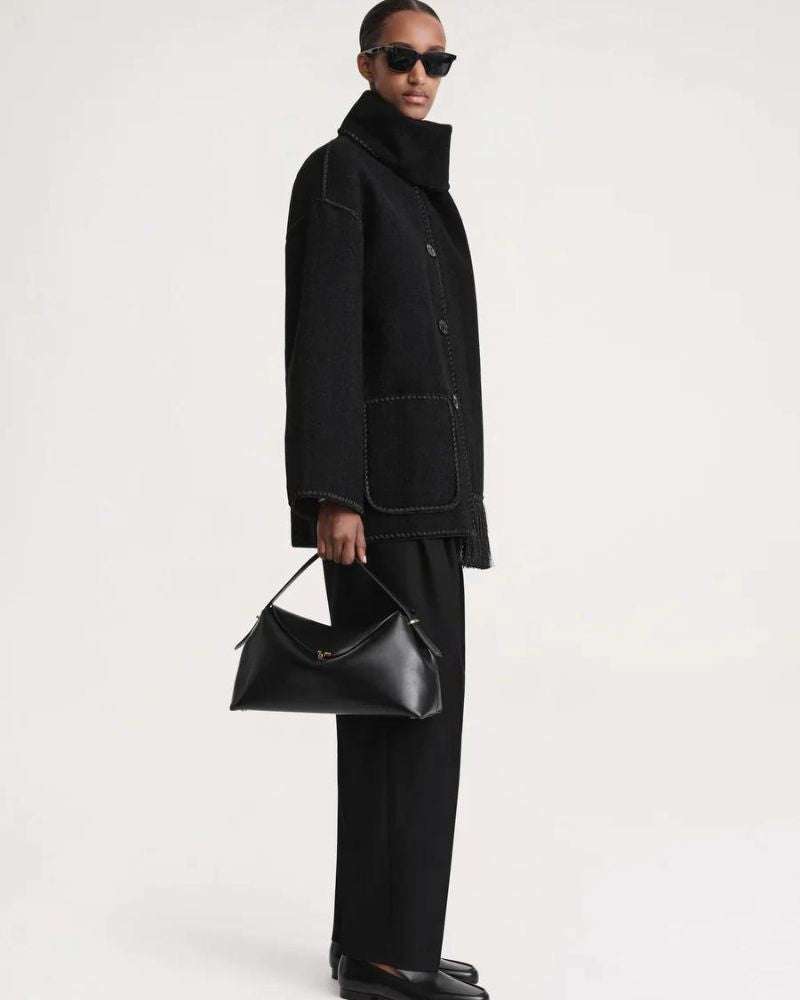 Contrast Stitch Scarf Collar Fringe Button-Front Wool Jacket