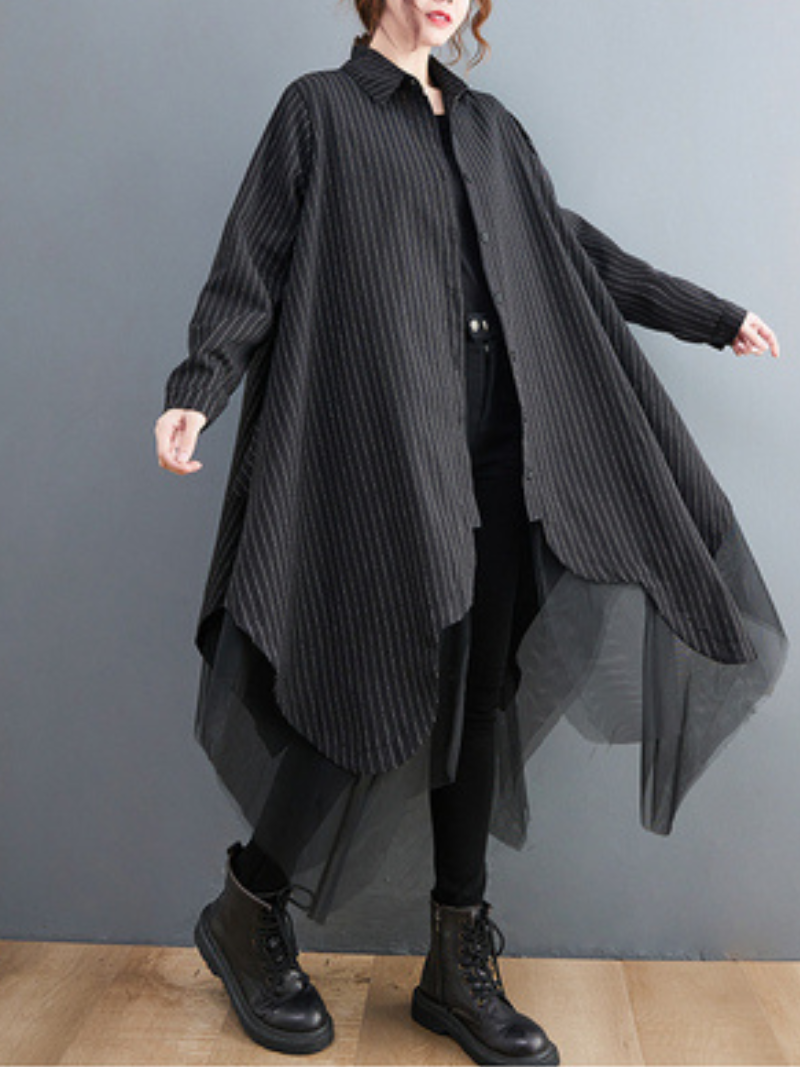 Collared Pinstripe Batwing Sleeve Oversized Button-Up Shirt Dress 4