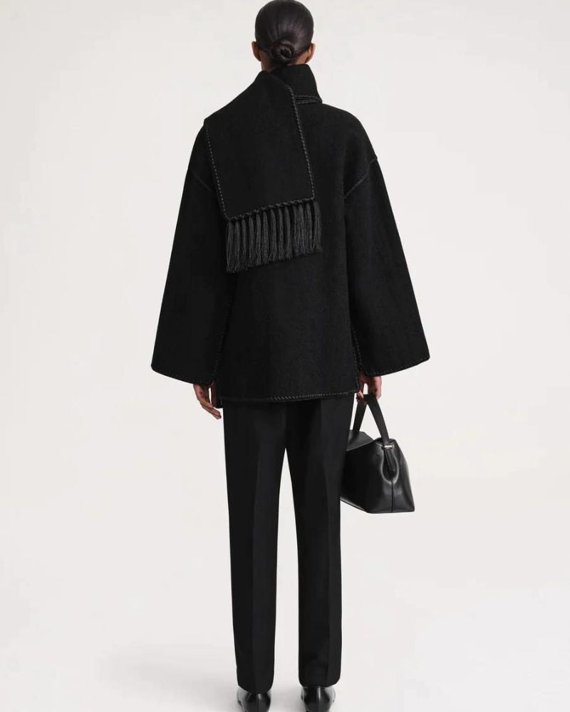 Contrast Stitch Scarf Collar Fringe Button-Front Wool Jacket