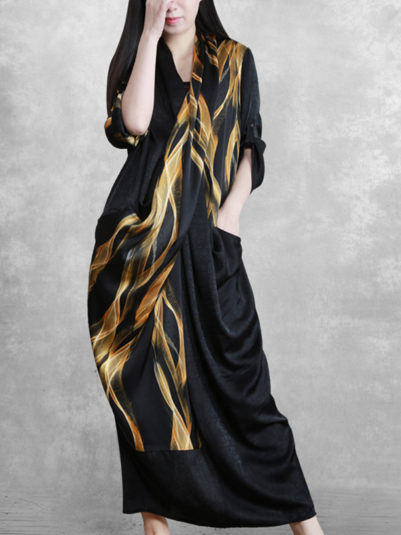 Yellow V-Neck Abstract Print Draped Pocket Loose Maxi Dress