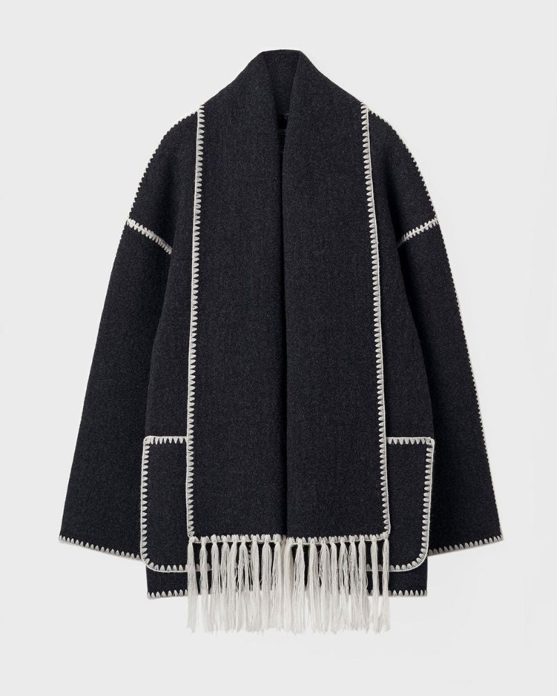 Contrast Stitch Scarf Collar Fringe Button-Front Wool Jacket