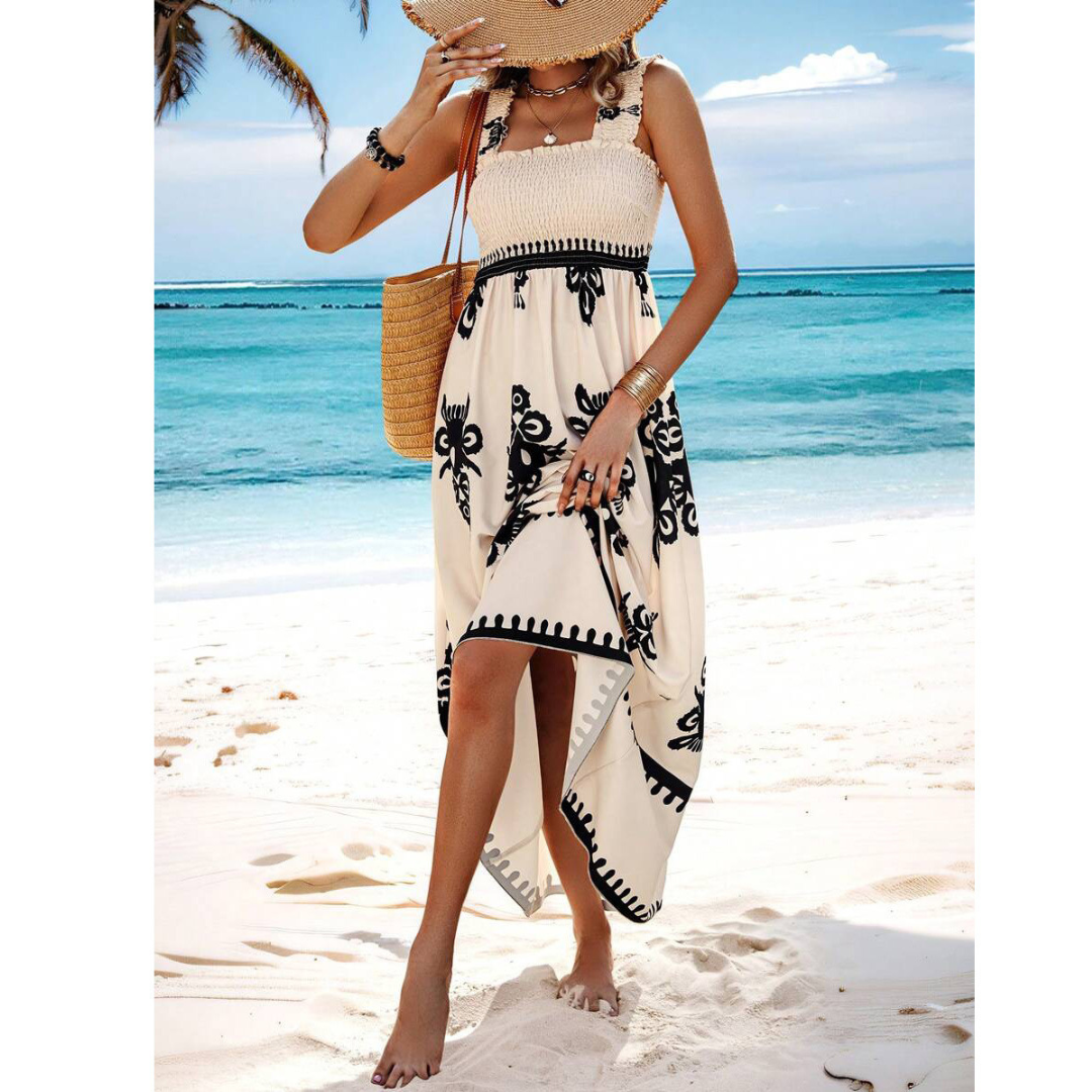 Square Neck Smocked Bodice Floral Print High-Low Maxi Dress