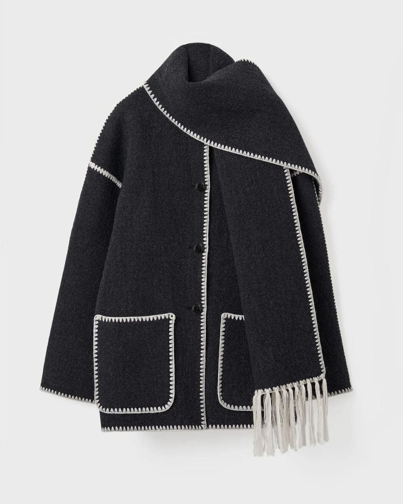Contrast Stitch Scarf Collar Fringe Button-Front Wool Jacket