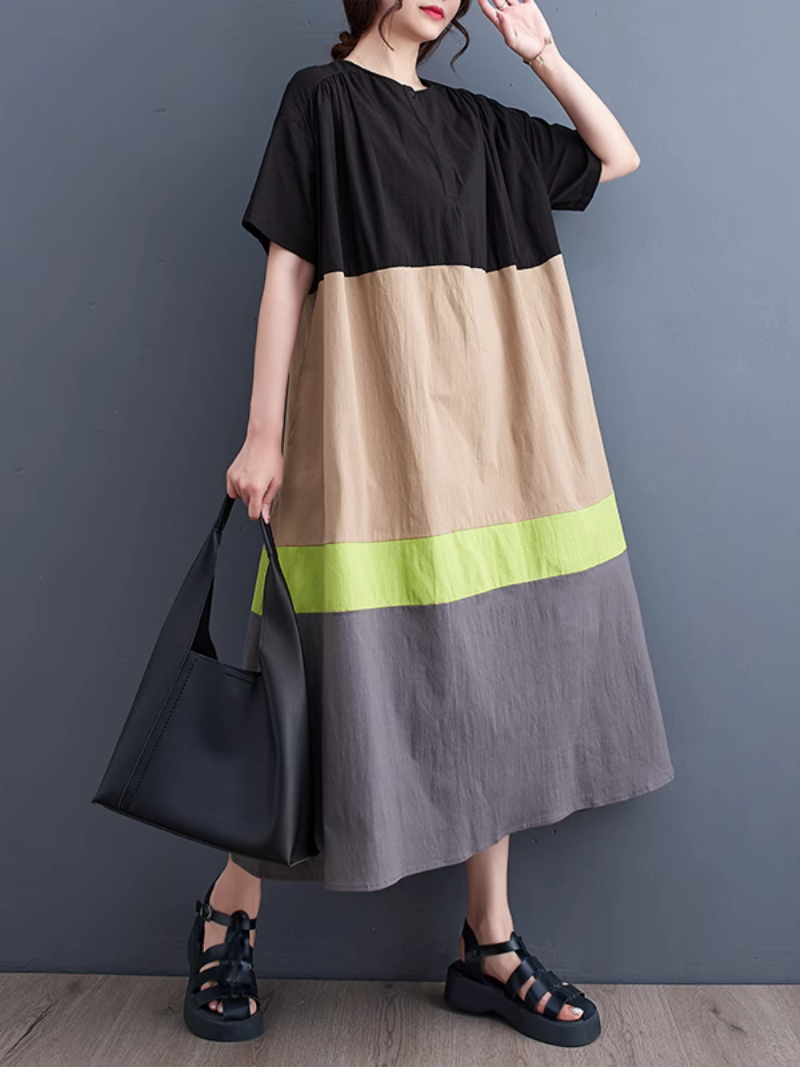 Round Neck Short Sleeve Contrast Panel Tiered Midi Dress 7