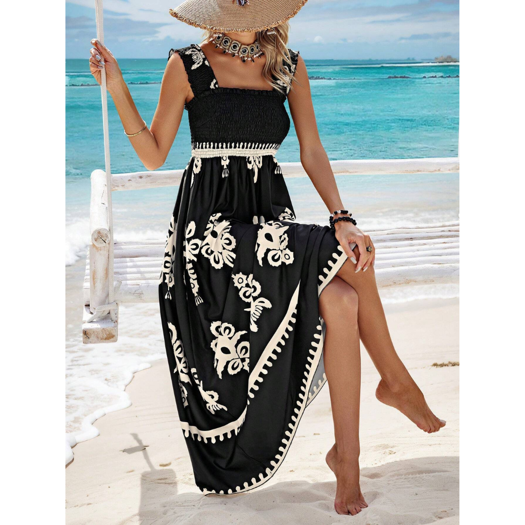 Square Neck Smocked Bodice Floral Print High-Low Maxi Dress 2