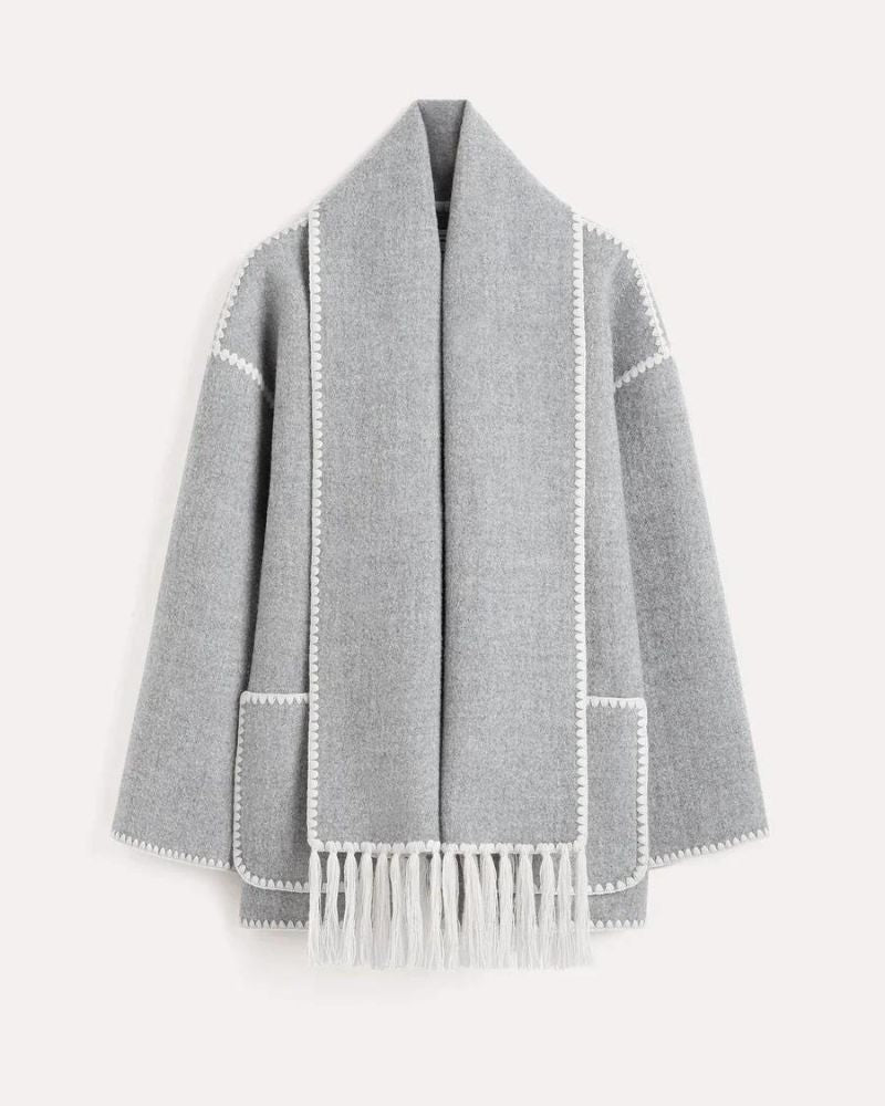 Contrast Stitch Scarf Collar Fringe Button-Front Wool Jacket