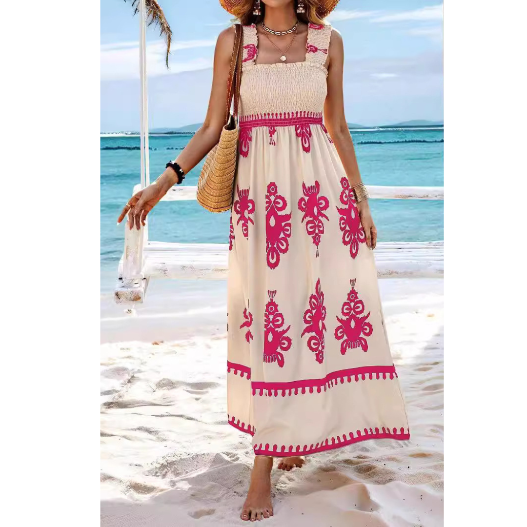 Square Neck Smocked Bodice Floral Print High-Low Maxi Dress 3